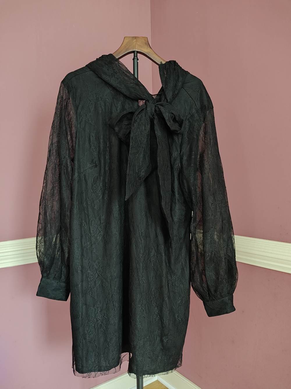 Eloquii Black Lace Bow-Neck Long Sleeve Dress